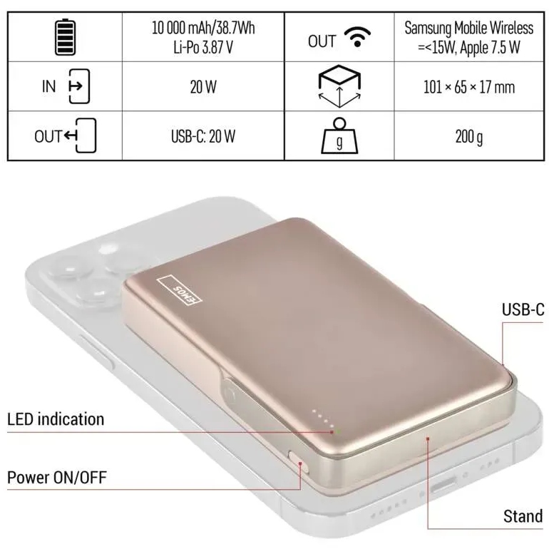 Огляд Powerbank EMOS B0552RG MagSafe 10 000 mAh Rosegold (B0552RG)