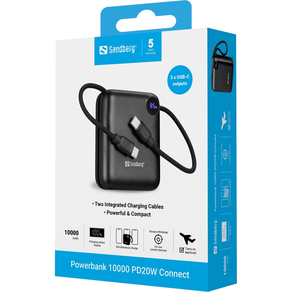Powerbank SANDBERG 10000mAh 20W Black (421-26) Входной разъем USB Type-C