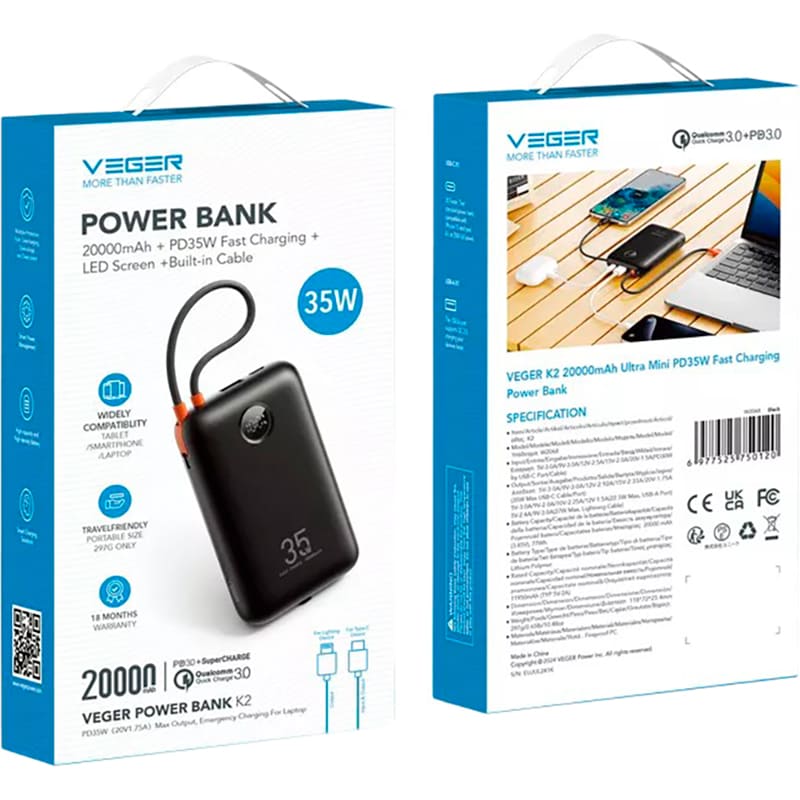 Powerbank VEGER K2 W2068 20000mAh 35W Black (6977525750120) Вхідний роз'єм USB Type-A, USB Type-C 