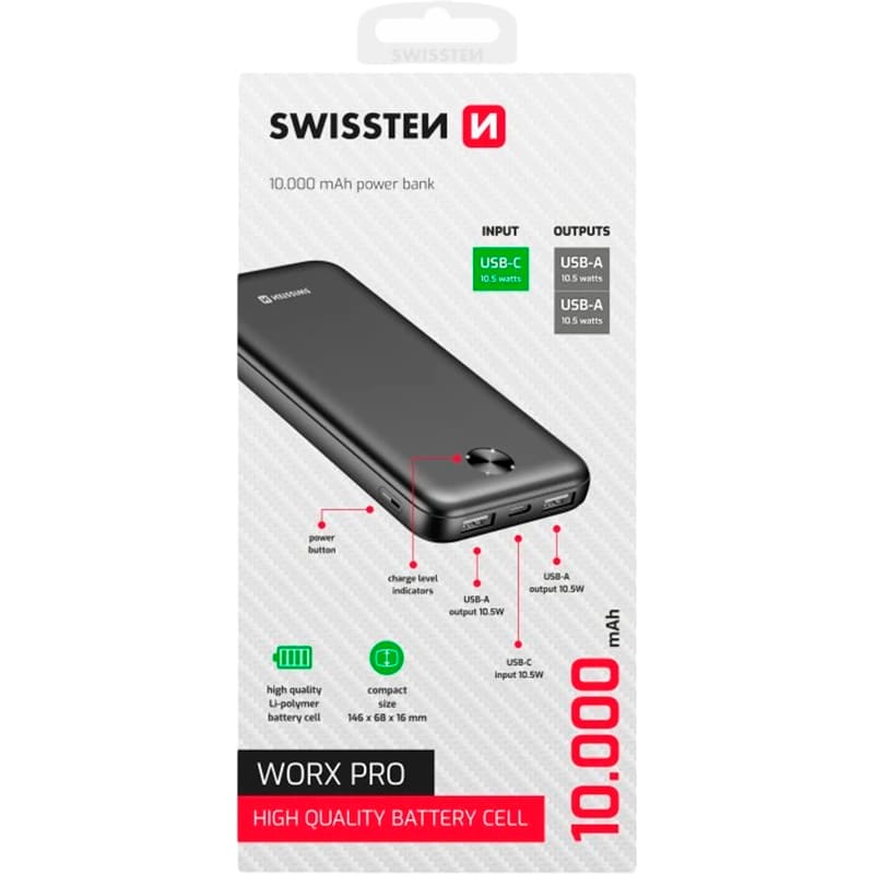 Powerbank SWISSTEN POWER BANK Worx Pro 10000mAh 10.5W Black (8595217490642) Торгова марка SWISSTEN