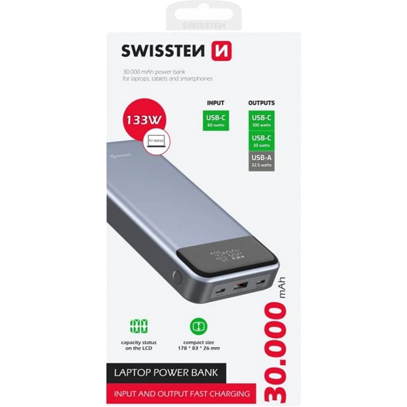 Powerbank SWISSTEN POWER BANK For Laptop 30000mAh 133W Grey (8595217484016) Торгова марка SWISSTEN