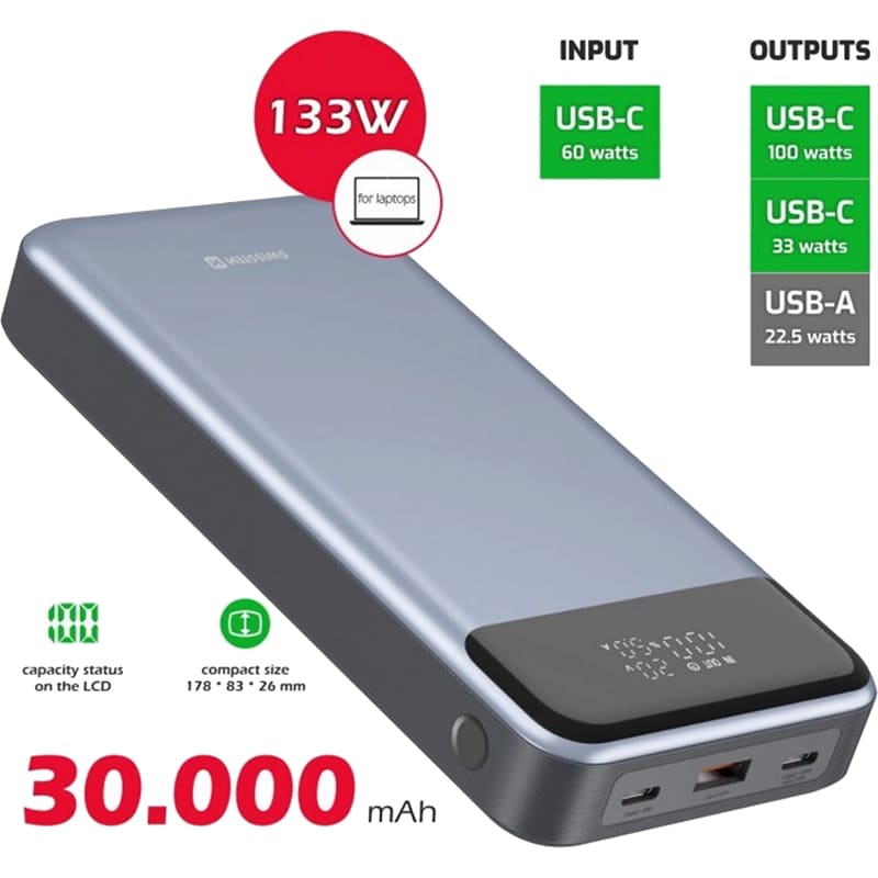 Powerbank SWISSTEN POWER BANK For Laptop 30000mAh 133W Grey (8595217484016) Ємність 30000