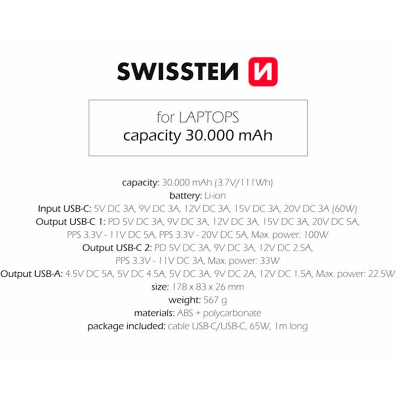 Зовнішній вигляд Powerbank SWISSTEN POWER BANK For Laptop 30000mAh 133W Grey (8595217484016)