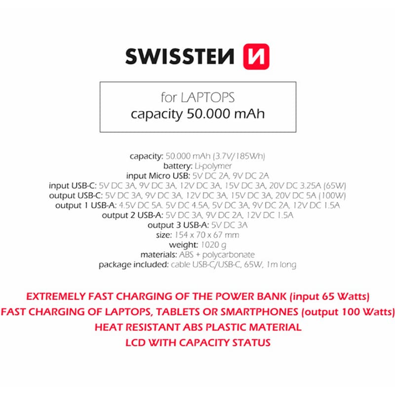 Powerbank SWISSTEN POWER LINE BANK For Laptop 50000mAh 100W Black (8595217481282) Тип аккумулятора Li-Pol
