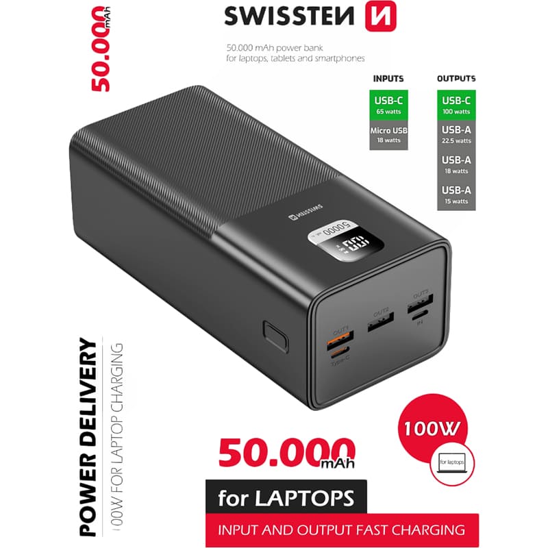 Powerbank SWISSTEN POWER LINE BANK For Laptop 50000mAh 100W Black (8595217481282) Емкость 50000