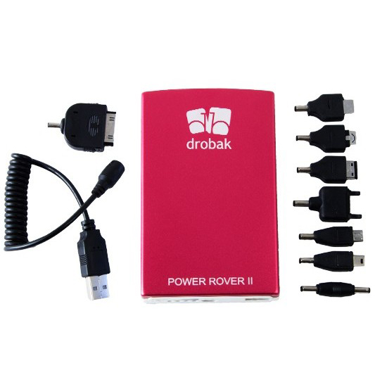 Powerbank DROBAK Power Rover-II 10000 mAh Li-Pol Red (602681) Комплектація  кабель USB/DC-3,5, перехідники Sony Ericsson, Samsung - 2 шт., PSP, Apple (iPhone 3/4, iPad 2/3), Mini-Usb, micro-USB, LG