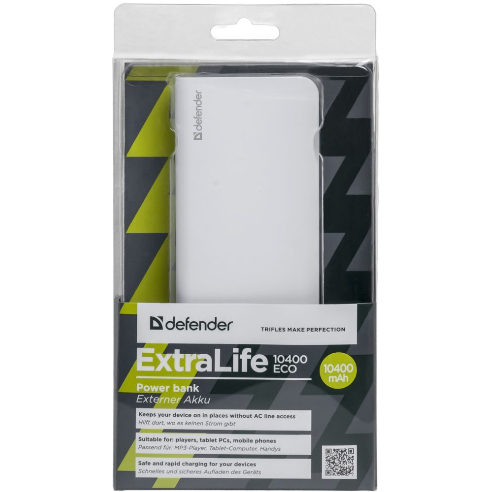 Зовнішній вигляд Powerbank DEFENDER ExtraLife 10400 ECO white