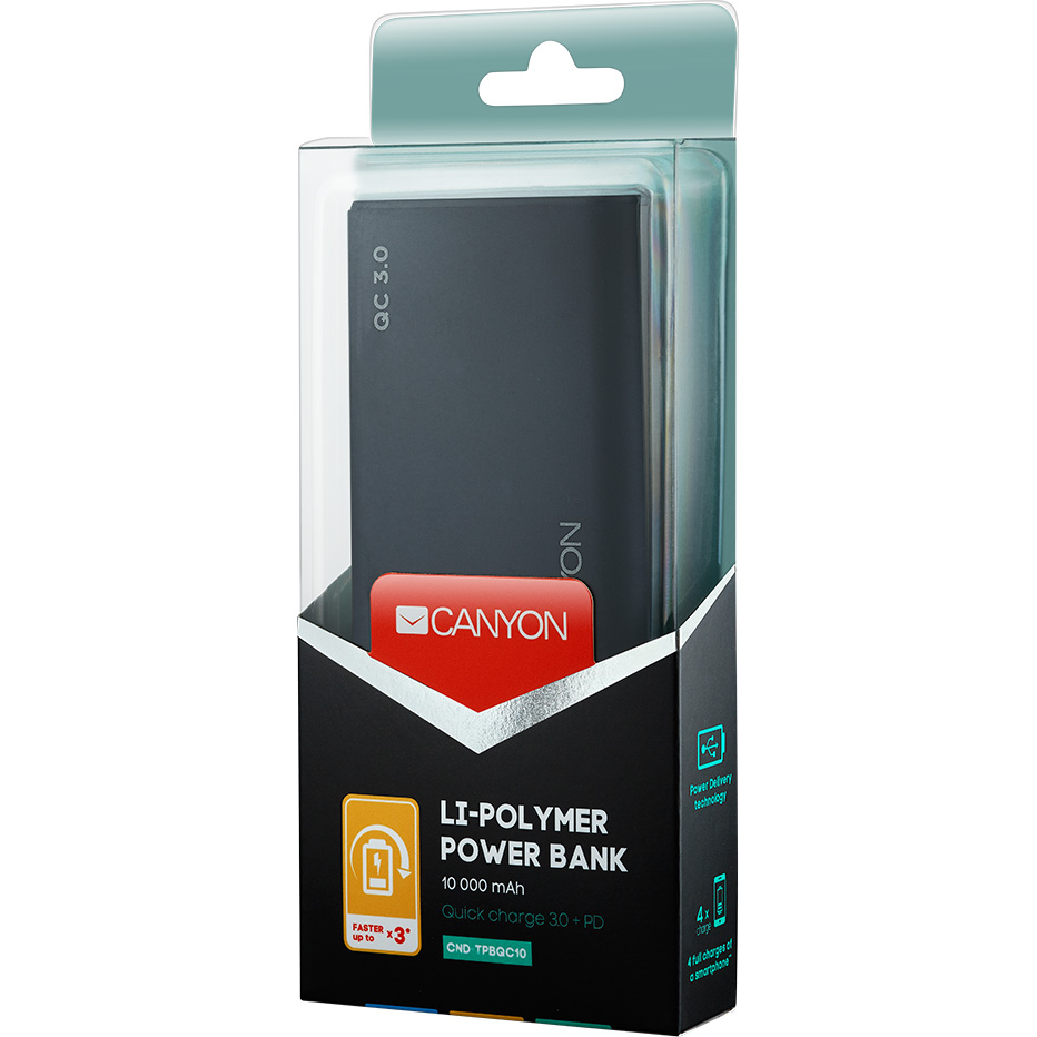 Powerbank CANYON Quick Charge 10000 mAh Black (CND-TPBQC10B) Тип аккумулятора Li-Pol