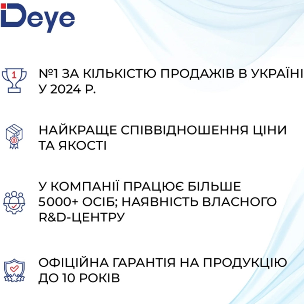 Гібридний інвертор DEYE 10kW 48V 3 MPPT (SUN-10K-SG02LP1-EU-AM3) Вихідна напруга 280