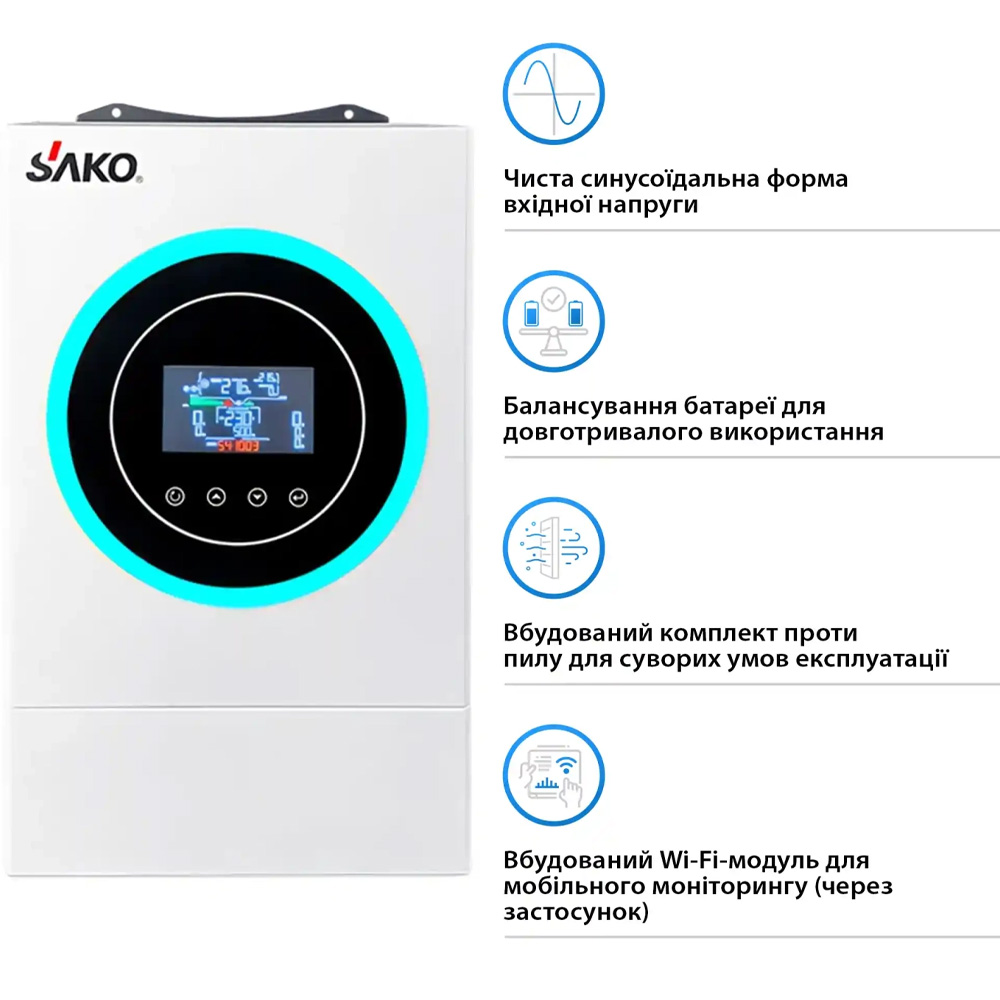 Інвертор автономний SACO 6.2kW 48V 1 MPPT Wi-Fi 220V (Sunon V 6.5KVA) Потужність 6200