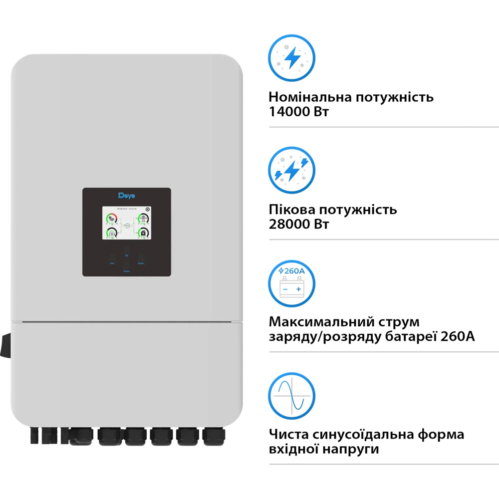 Гібридний інвертор DEYE 14KW 48V 2 MPPT Wi-Fi 220/380V (SUN-14K-SG05LP3-EU-SM2) Потужність 14000