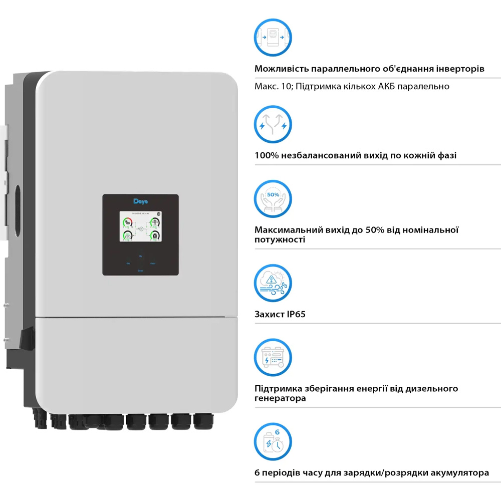 Гібридний інвертор DEYE 14KW 48V 2 MPPT Wi-Fi 220/380V (SUN-14K-SG05LP3-EU-SM2) Вхідна напруга 170