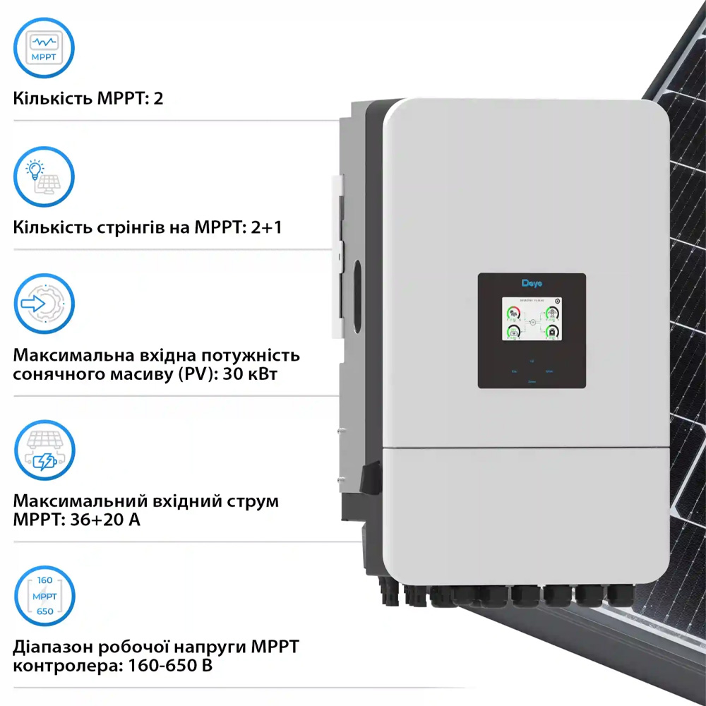 Гібридний інвертор DEYE 20KW 48V 2 MPPT Wi-Fi 220/380V (SUN-20K-SG05LP3-EU-SM2) Вхідна напруга 170