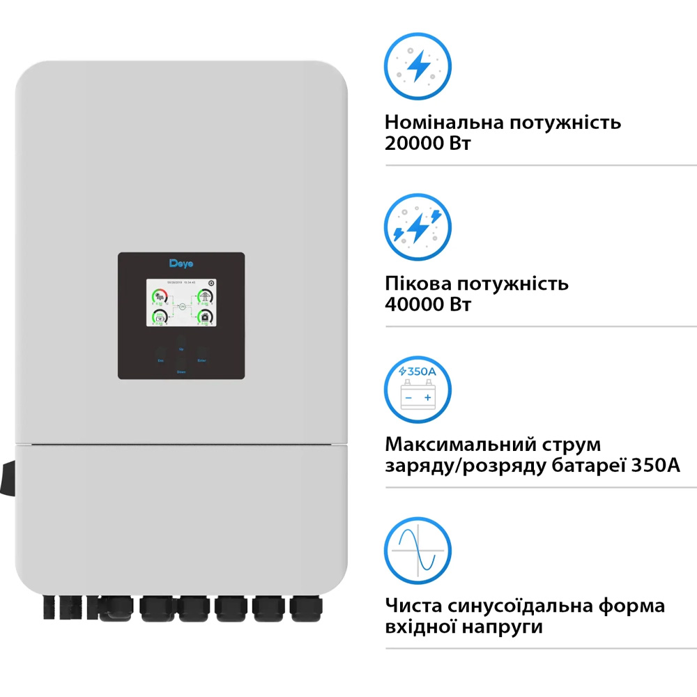 Гібридний інвертор DEYE 20KW 48V 2 MPPT Wi-Fi 220/380V (SUN-20K-SG05LP3-EU-SM2) Потужність 40000