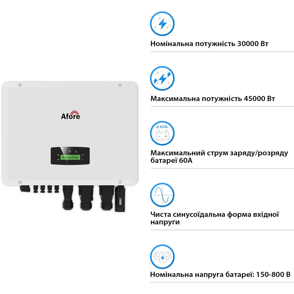 Гибридный инвертор AFORE 30KW HV-battery 2 MPPT Wi-Fi 220/380V (AF30K-TH) Гибридный инвертор AFORE 30KW HV-battery 2 MPPT Wi-Fi 220/380V (AF30K-TH) Мощность 30000