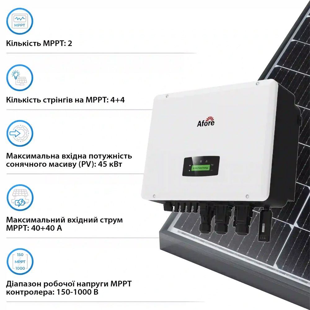 Гибридный инвертор AFORE 30KW HV-battery 2 MPPT Wi-Fi 220/380V (AF30K-TH) Гибридный инвертор AFORE 30KW HV-battery 2 MPPT Wi-Fi 220/380V (AF30K-TH) Входное напряжение 170