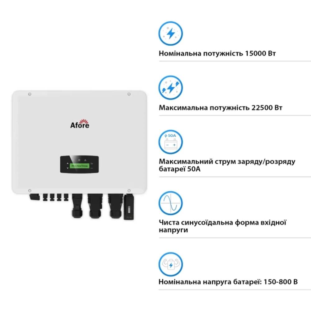 Гибридный инвертор AFORE 15KW HV-battery 2 MPPT Wi-Fi 220/380V (AF15K-TH(Aton)) Гибридный инвертор AFORE 15KW HV-battery 2 MPPT Wi-Fi 220/380V (AF15K-TH(Aton)) Мощность 15000