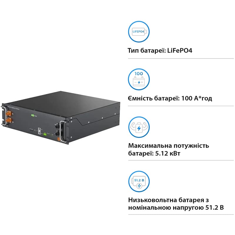 Акумулятор ECOSOLEX RS-R51100A LiFePO4 LV 51.2V 100Ah 5.12kWh Потужність 5120