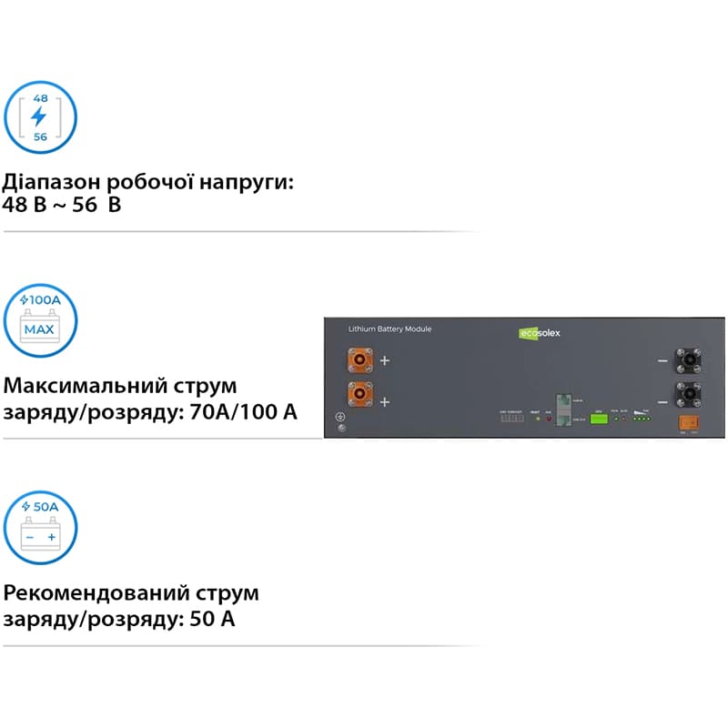 Акумулятор ECOSOLEX RS-R51100A LiFePO4 LV 51.2V 100Ah 5.12kWh Габарити 48.2 x 46 x 13.4