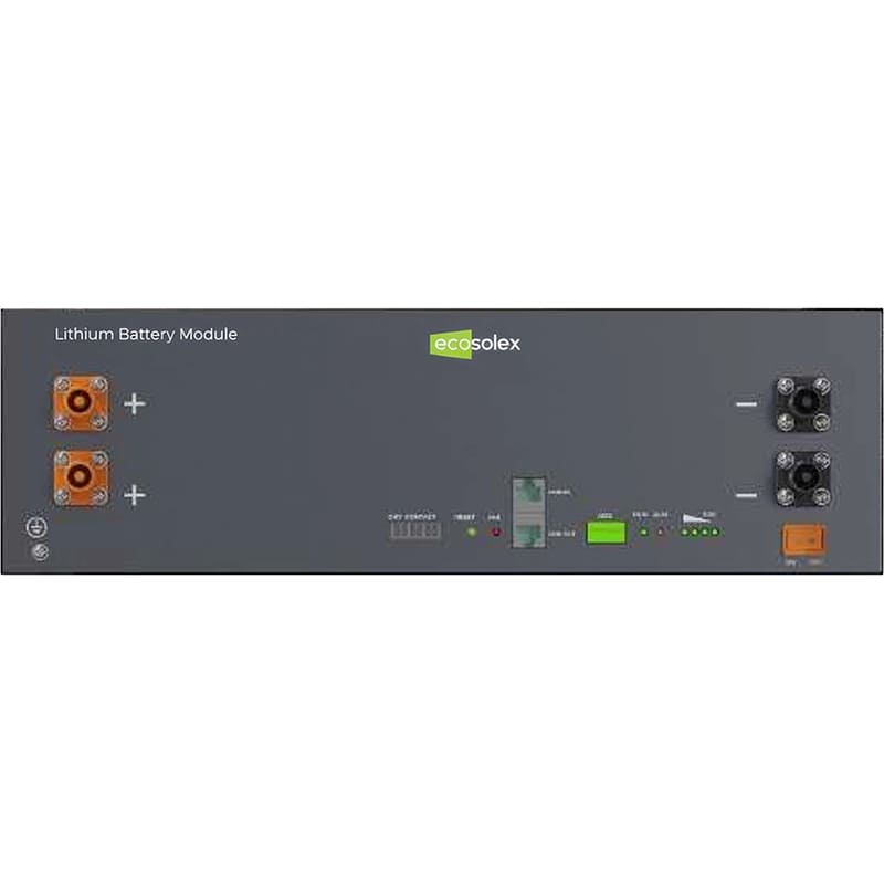 Акумулятор ECOSOLEX RS-R51100A LiFePO4 LV 51.2V 100Ah 5.12kWh Комплектація Паралельний позитивний кабель батарея-батарея; Комбінований гвинт 4 шт; Плаваюча гайка M6 6 шт; Комунікаційний кабель батарея-батарея; Кабель заземлення батарея-батарея; Паралельний негативний кабель батарея-батарея