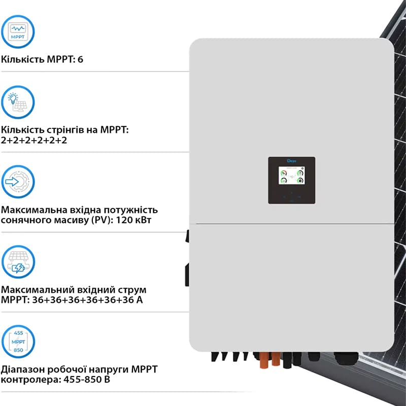 Інвертор DEYE SUN-75K-SG02HP3-EU-EM6 75KW 220/380V Вхідна напруга 400