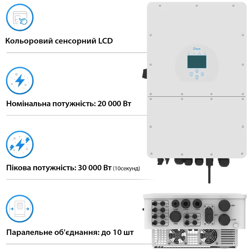 Інвертор DEYE SUN-20K-SG01HP3-EU-AM2 20кВт Комплектація інвертор; панель кріплення; Wi-Fi модуль; анкер М6х60 (4шт); ключ шестигранний; температурний датчик; конектори для сонячних панелей МС4 (xN); роз'єм для підключення акумулятора (2 шт); комунікаційний кабель; трансформатор струму (3 шт.)