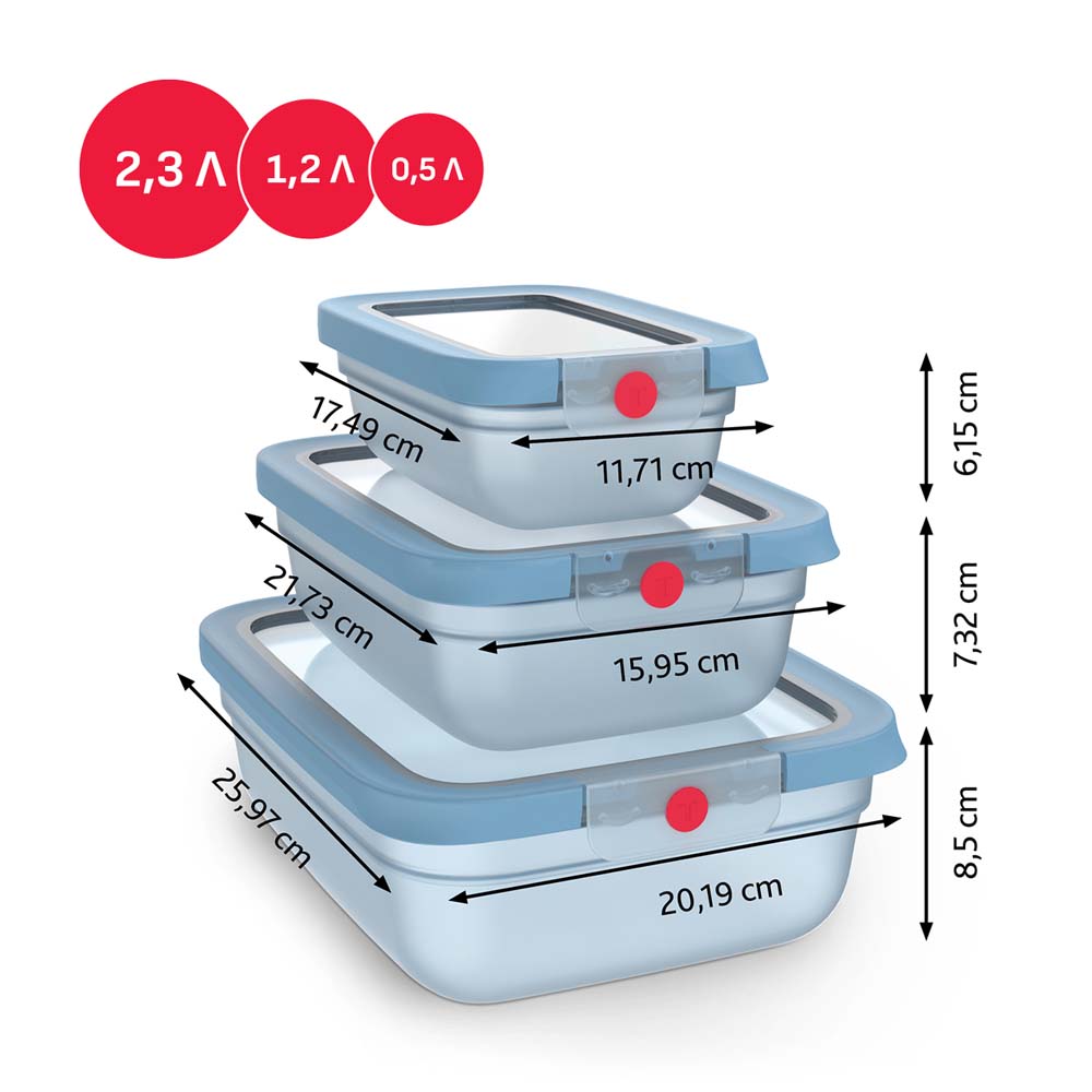 Набор контейнеров TEFAL OneClick 0.5/1.2/2.3л Light Blue (N1230210) Особенности система OneClick, 100% герметичность