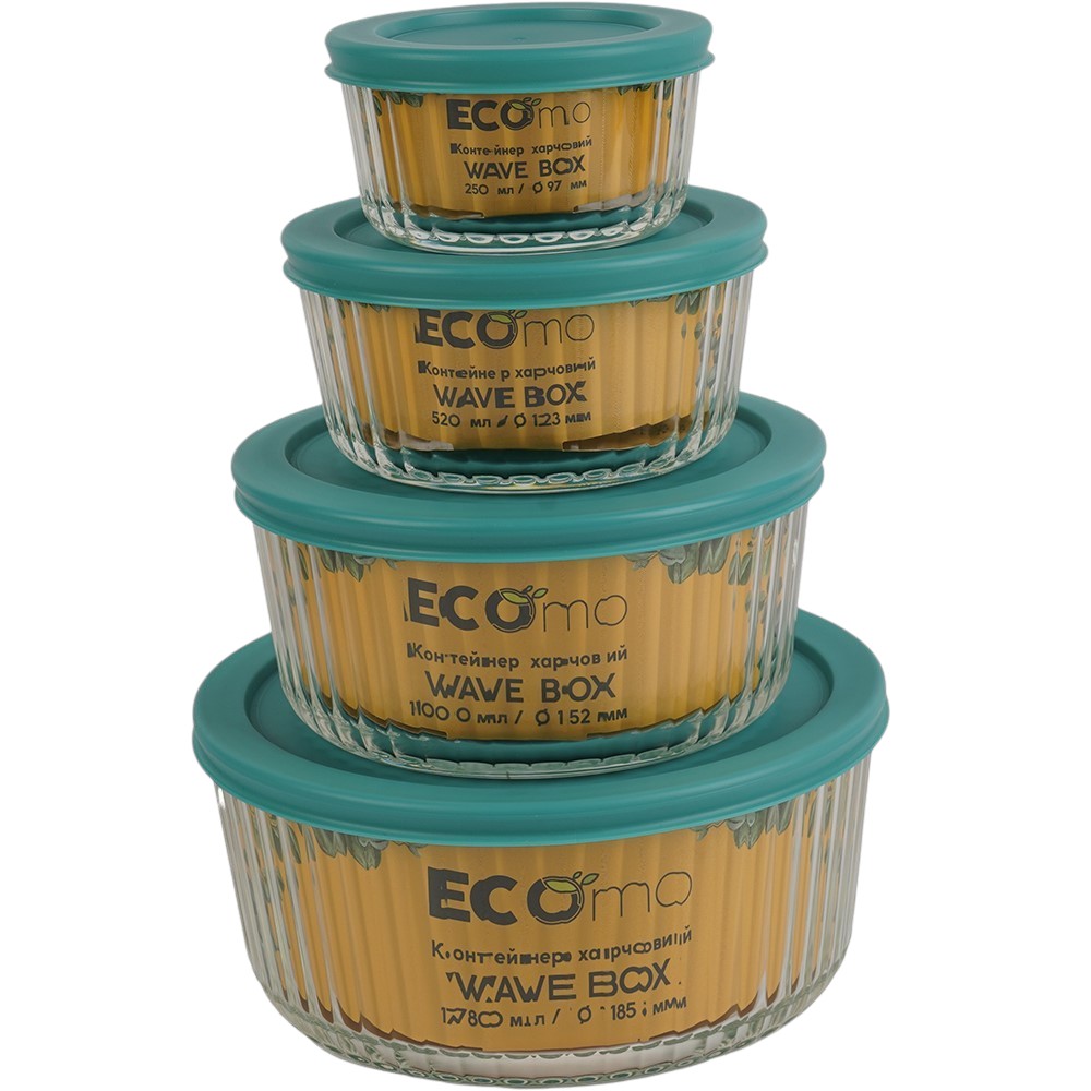Контейнер ECOMO Wave Box 250 мл (3CC025-4H) Особливості можна використовувати в духовці без кришки (від -40 до +400 ° С, перепад до 120 ° С); підходить для мікрохвильової печі; можна мити в посудомийній машині; стійкість до ушкоджень; класичний дизайн; боросилікатне скло
