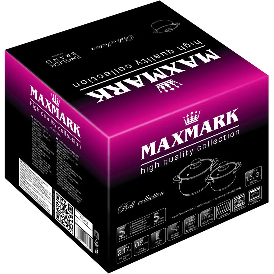 Набір каструль MAXMARK 1.5 л + 3 л (MK-BL2704L) Джерело тепла підходить для індукції та інших