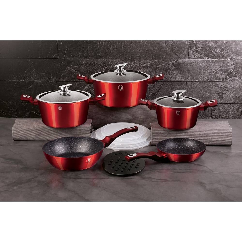 Набір посуду BERLINGER HAUS Metallic Line Burgundy Edition 13 ін. Red (BH-7030) Посуд в наборі пательня
