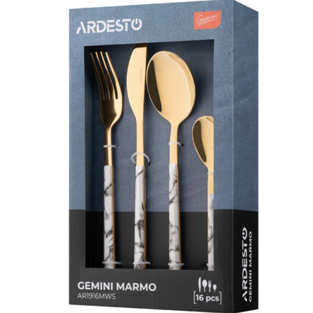 Внешний вид Набор столовых приборов ARDESTO Gemini Marmo 16 пр golden white (AR1916MWS)