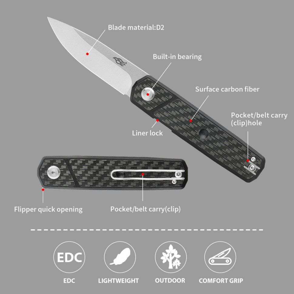 Ніж складаний GANZO Firebird Black Carbon (FH927-CF) Матеріал леза сталь D2