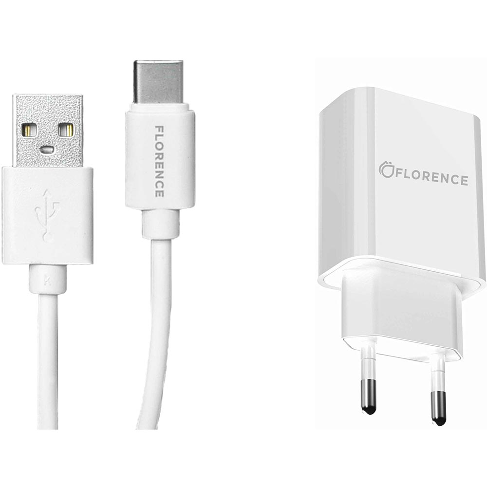 

Зарядное устройство FLORENCE 1USB 2A White (FL-1020-WT), 1USB 2A + Type-C cable white (FL-1020-WT)