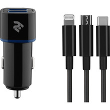 Автомобільний зарядний пристрій 2E Dual USB 2.4 A Lightning/MicroUSB/USB Type-C Black (2E-ACR01-C3IN1)