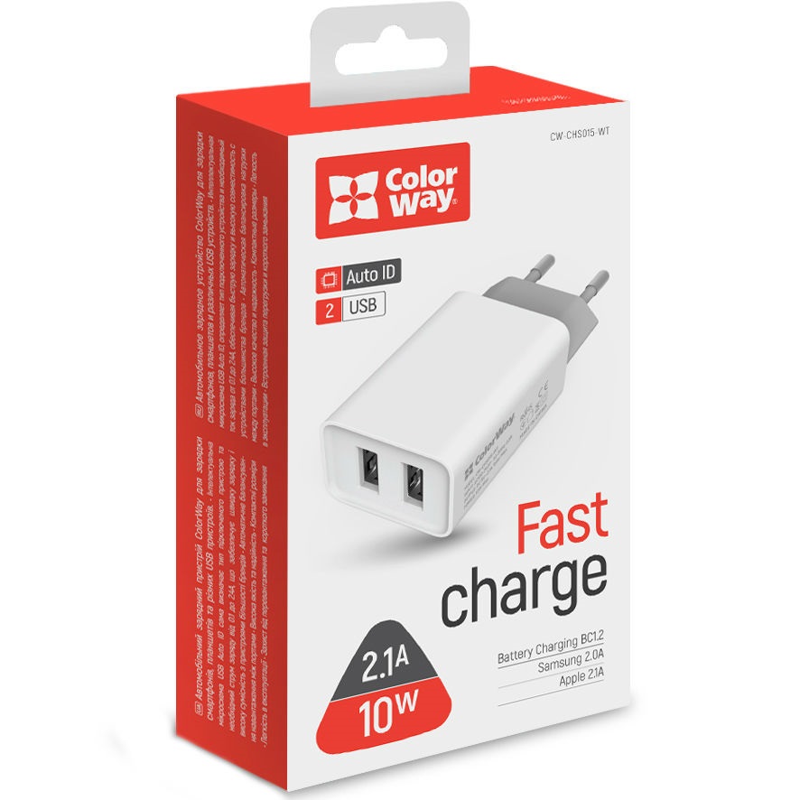 Сетевое зарядное устройство COLORWAY 2 USB AUTO ID 2.1 A 10W White Количество одновременно заряжаемых устройств от сетевой зарядки 2