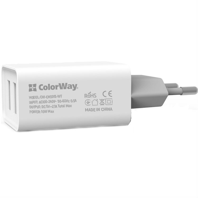 Сетевое зарядное устройство COLORWAY 2 USB AUTO ID 2.1 A 10W White Тип сетевое зарядное устройство