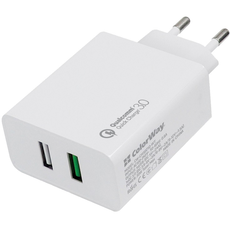 

Сетевое зарядное устройство COLORWAY 2 USB QC3.0 + 2.4 A AUTO ID 30W White, 2USB (QC3.0 + 2.4A AUTO ID) (30W) White