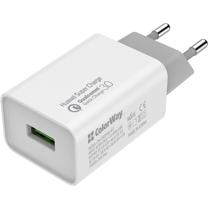 

Сетевое зарядное устройство COLORWAY 1 USB Huawei Super/Quick 3.0 4A 20W White, 1USB Huawei Super/Quick 3.0 4A 20W White