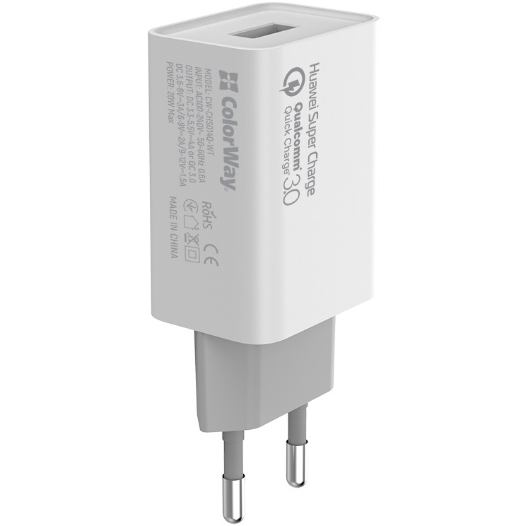 Сетевое зарядное устройство COLORWAY 1 USB Huawei Super/Quick 3.0 4A 20W White Тип сетевое зарядное устройство
