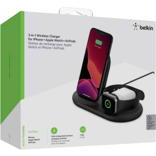 Внешний вид Беспроводное зарядное устройство BELKIN 3in1 Wireless Pad/Stand/Apple Watch Black (WIZ001VFBK)