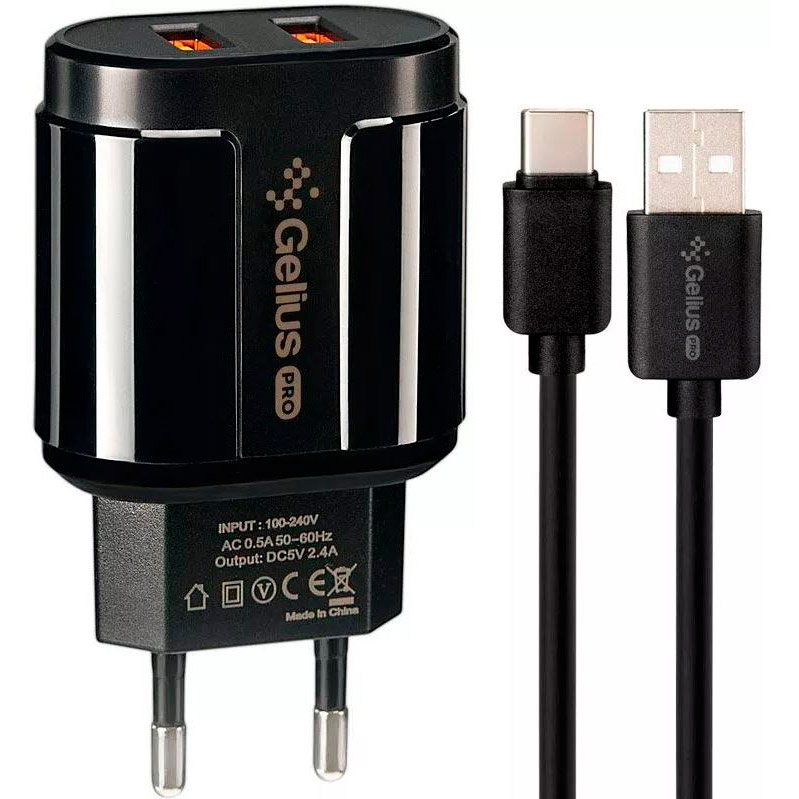 

Зарядное устройство GELIUS Pro Avangard 2USB 2.4A + Type-C Black (GP-HC06), Pro Avangard GP-HC06 2USB 2.4A + Type-C Black