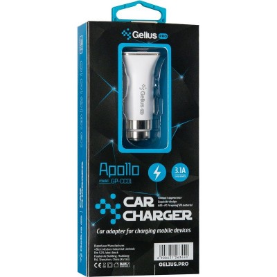 Автомобільний зарядний пристрій GELIUS Pro Apollo GP-CC01 2USB 3.1A + кабель Type-C White (71435) Тип автомобільний зарядний пристрій