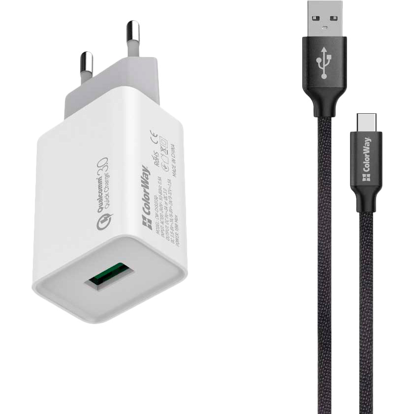 

Сетевое зарядное устройство COLORWAY 1USB Quick Charge 3.0 White + Кабель COLORWAY USB Type-C 2 м Black (CW-CHS013Q/CW-CBUC008-BK), 1USB Quick Charge 3.0 WT+Каб.USB Type-C 2м BK