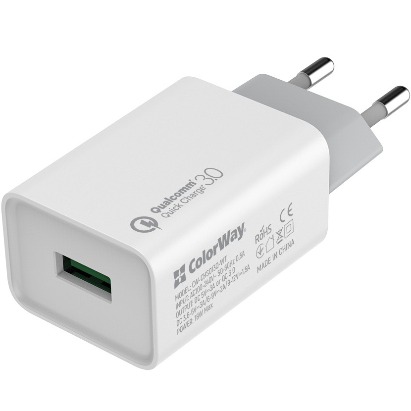 Мережевий зарядний пристрій COLORWAY 1USB Quick Charge 3.0 White + Кабель COLORWAY USB Type-C 2 м Black (CW-CHS013Q/CW-CBUC008-BK) Тип мережевий зарядний пристрій