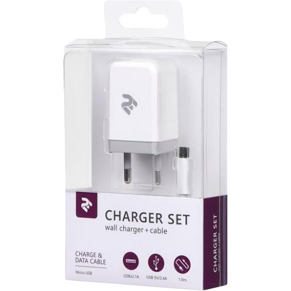 Сетевое зарядное устройство 2E USB Wall Charger 2.1A + micro USB White (2E-WC1USB2.1A-CM) Кабель съемный