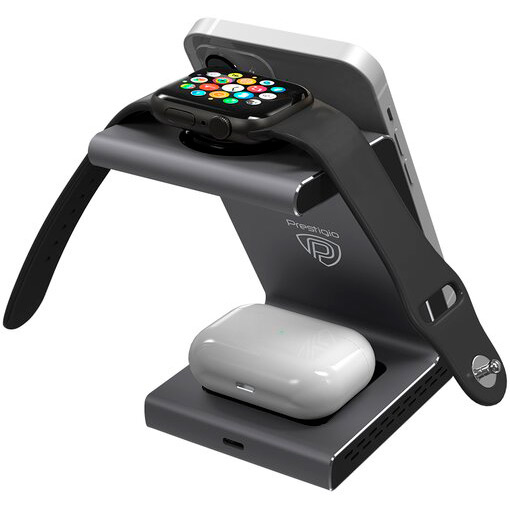Зовнішній вигляд Бездротове зарядний пристрій PRESTIGIO ReVolt A8 3-in-1 wireless space grey (PCS108A_SG)