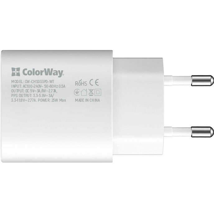 Сетевое зарядное устройство COLORWAY Power Delivery Port PPS Type-C (25W) White (CW-CHS033PD-WT) Тип сетевое зарядное устройство