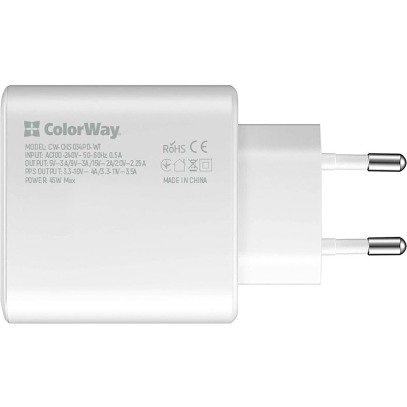 Зовнішній вигляд Мережевий зарядний пристрій COLORWAY Power Delivery Port PPS Type-C (45W) White (CW-CHS034PD-WT)