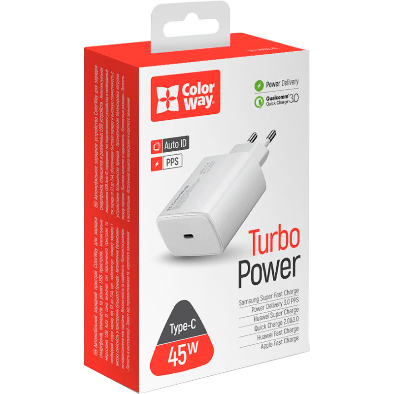 Фото Мережевий зарядний пристрій COLORWAY Power Delivery Port PPS Type-C (45W) White (CW-CHS034PD-WT)