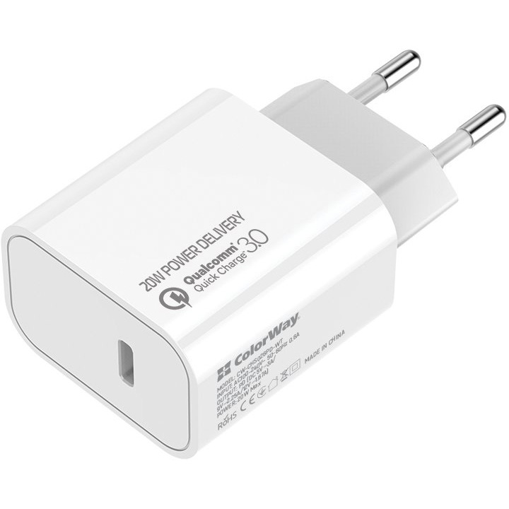 Сетевое зарядное устройство СolorWay Power Delivery Port USB Type-C 20W V2 White (CW-CHS026PD-WT)
